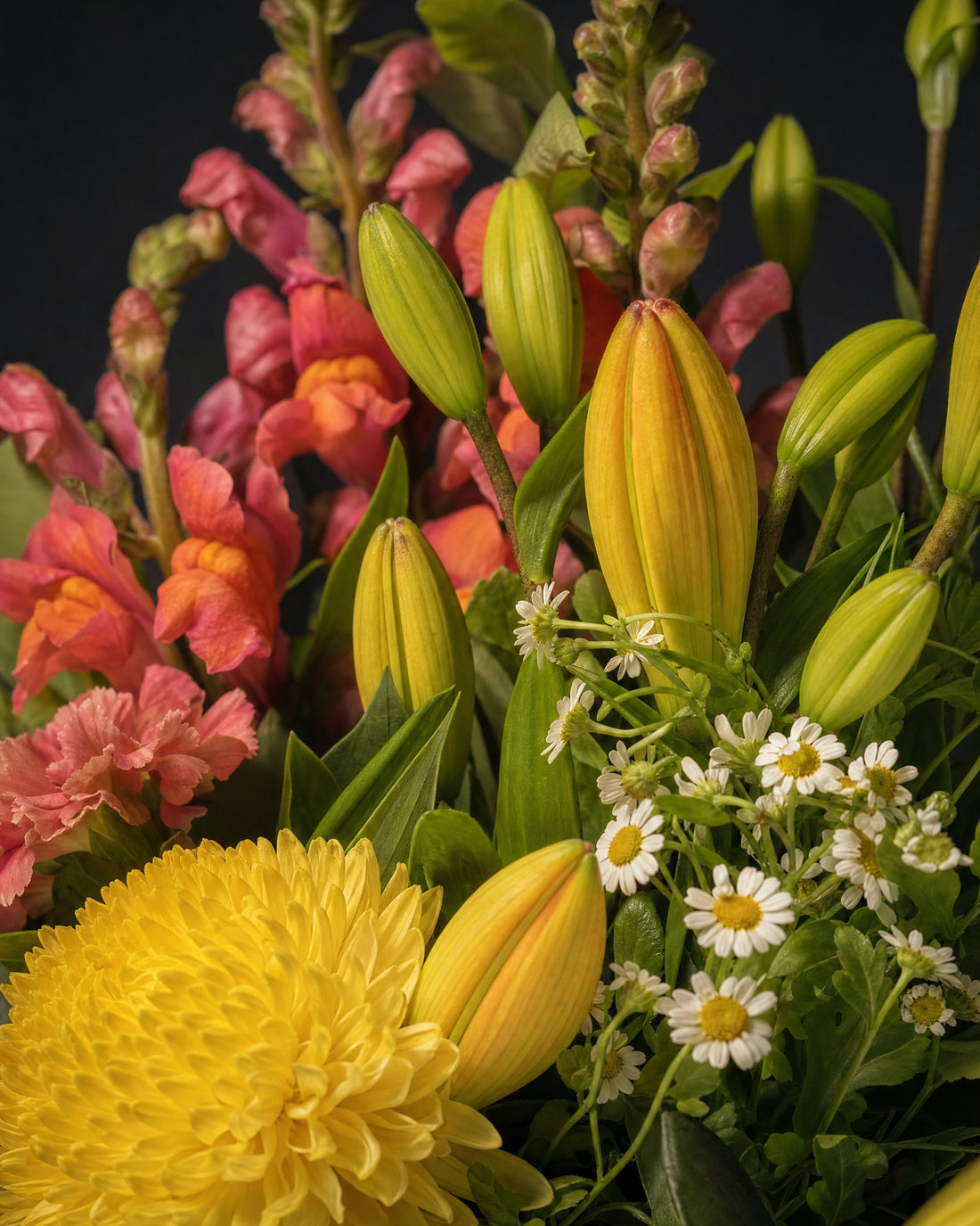 Amalfi Posy by Fig & Bloom, close-up of the lilies, snapdragon and disbud