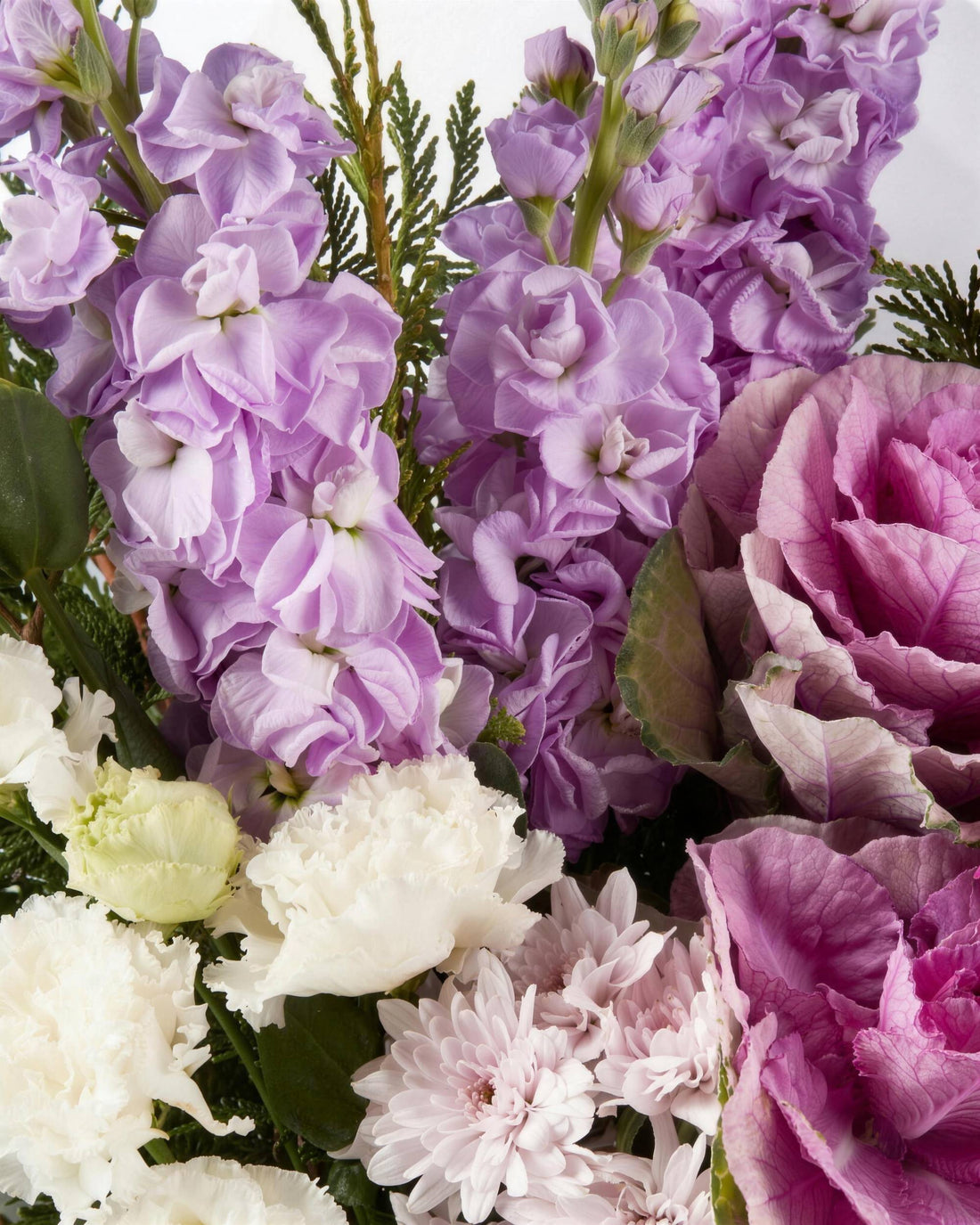 Genoa Bouquet by Fig & Bloom, close-up of lilac stock and white lisianthus