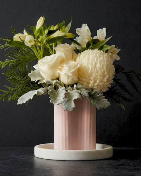 Monaco arrangement in white, vase arrangement by Fig & Bloom