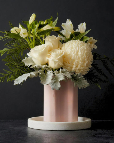 Monaco arrangement in white, vase arrangement by Fig & Bloom