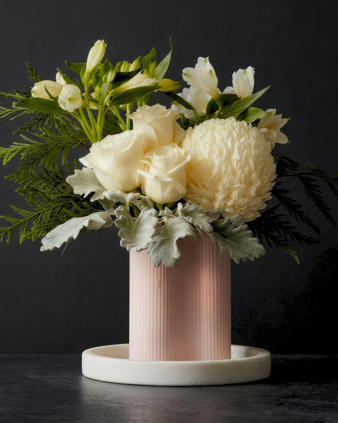Monaco arrangement in white, vase arrangement by Fig & Bloom