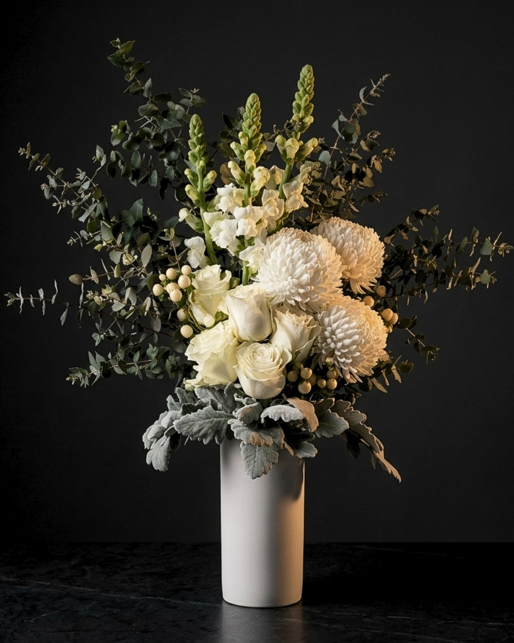 Lucerne bouquet in a vase: white and cream flowers by Fig & Bloom