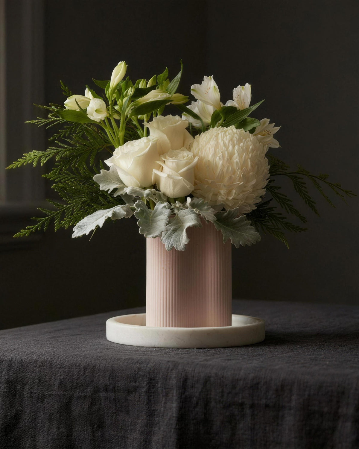 Monaco Arrangement in white by Fig & Bloom in window light on a linen table