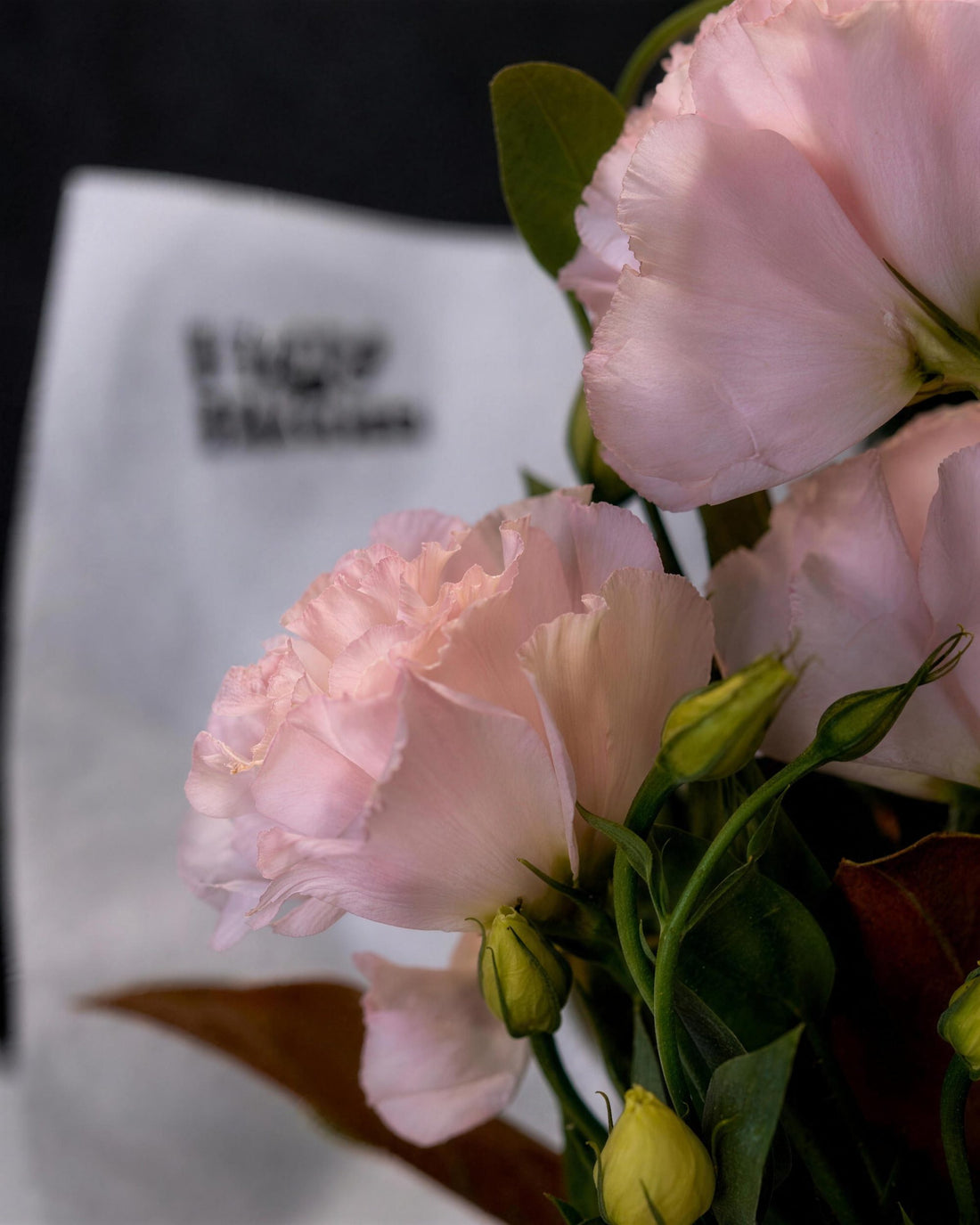 Prague Bouquet by Fig & Bloom, blush lisianthus against the Fig & Bloom wrap