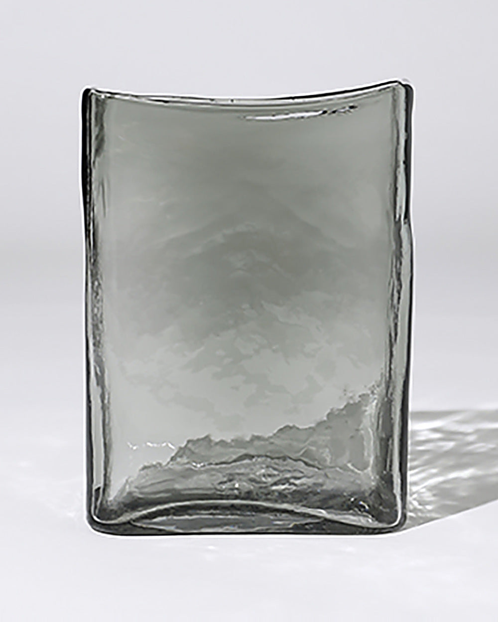 Smoke grey hand-cast glass Block Vase with a rippled flat profile, 22cm