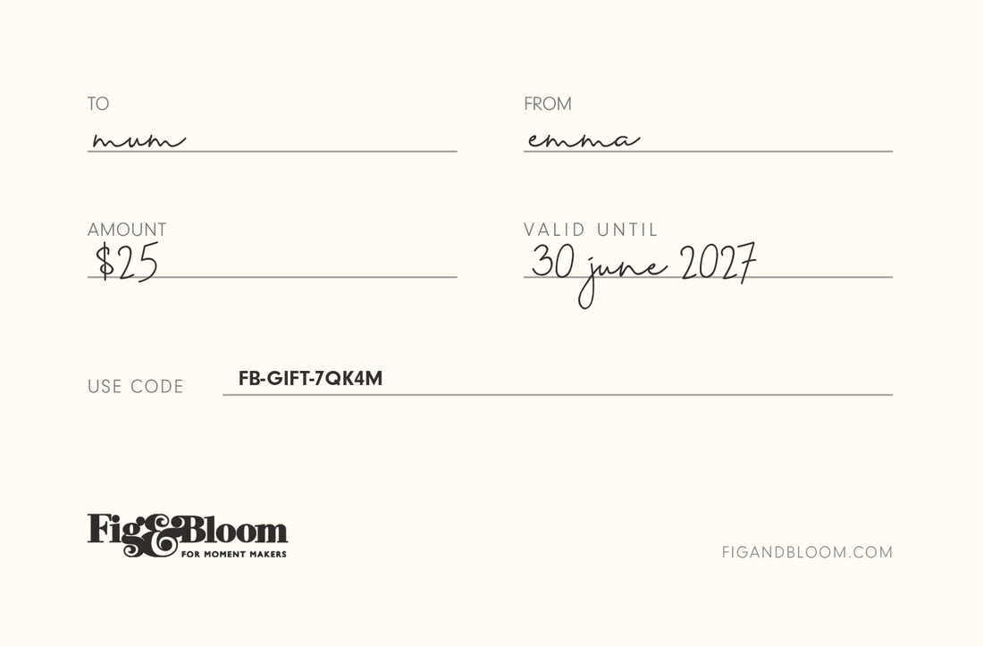 Fig & Bloom gift card back showing amount $25, valid until 30 june 2027