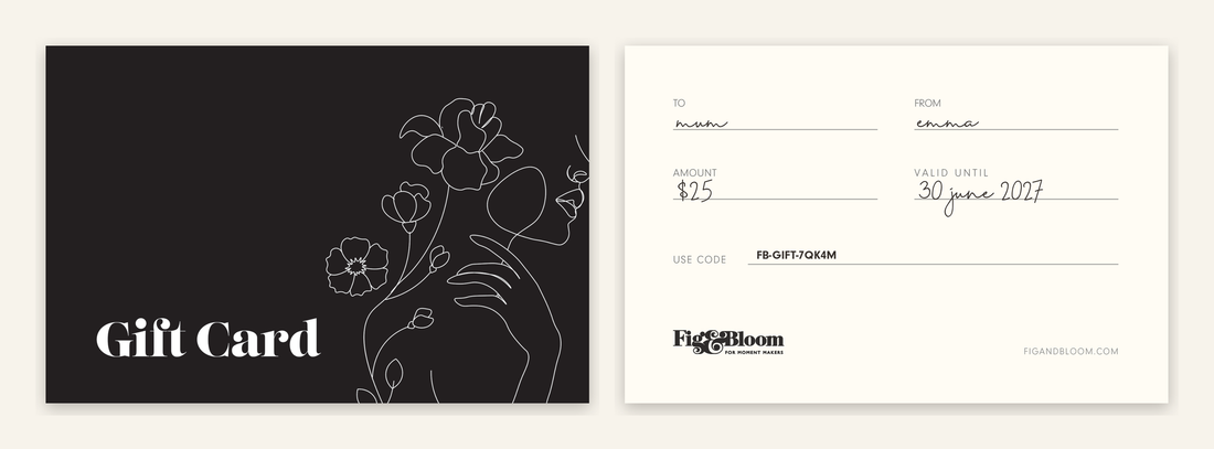 Fig & Bloom $25 gift card, front and back