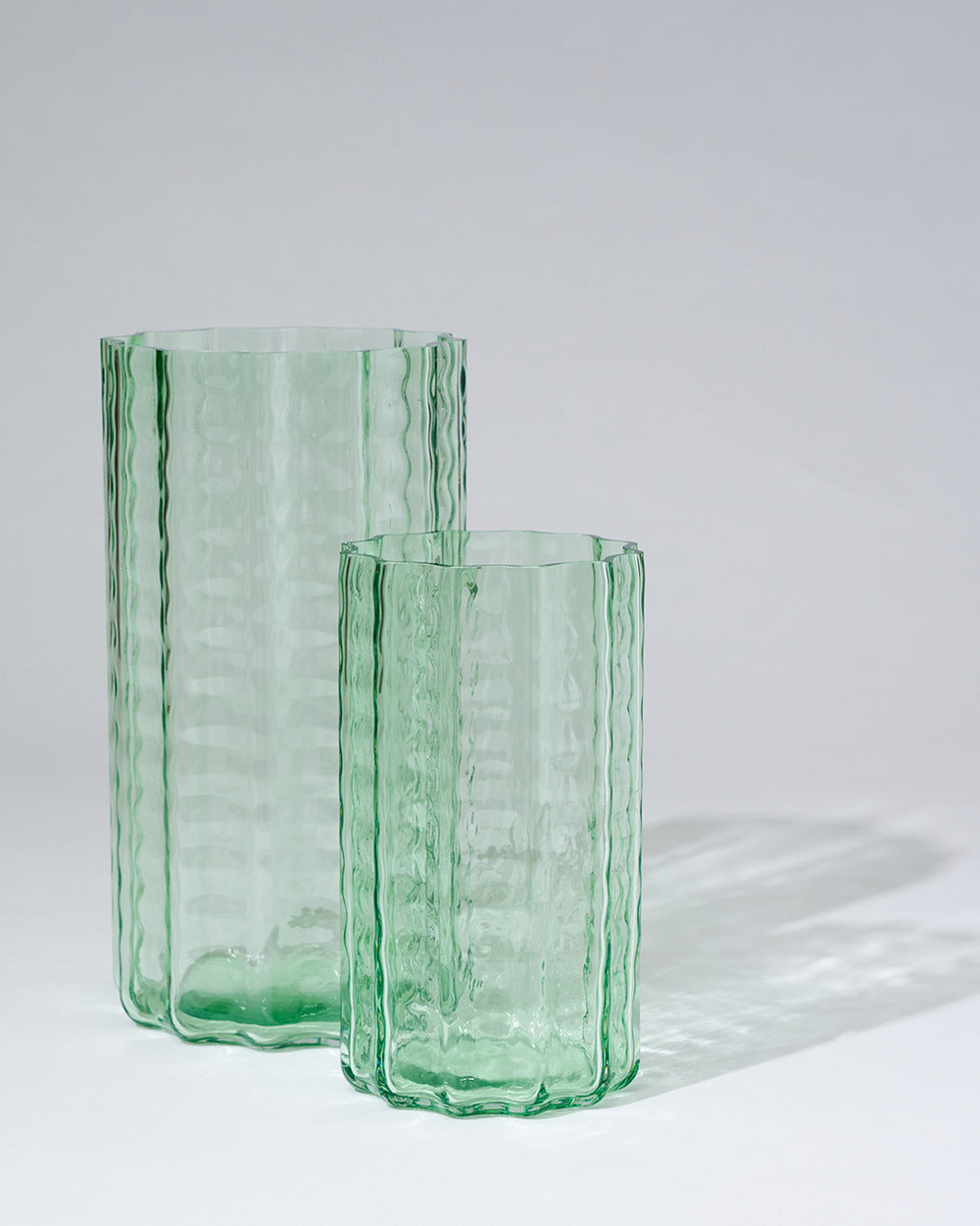 Green Jelly Glass Vases in large and squat sizes shown together