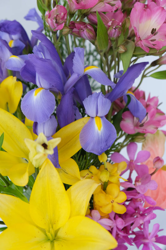 A spring arrangement of purple irises, lilies and pink alstroemeria