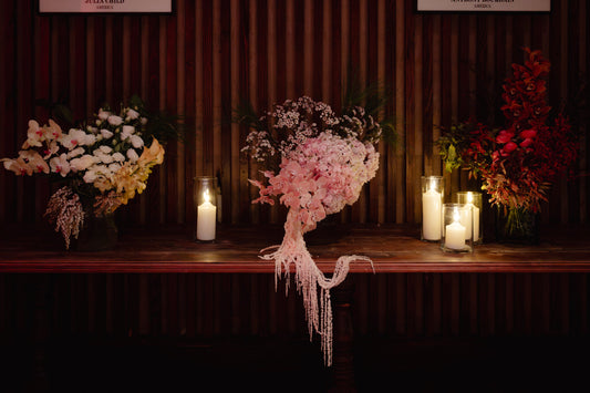 Soleil, Carmen and Sienna, the three High Floral Design palettes, on the sideboard at Restaurant Hubert