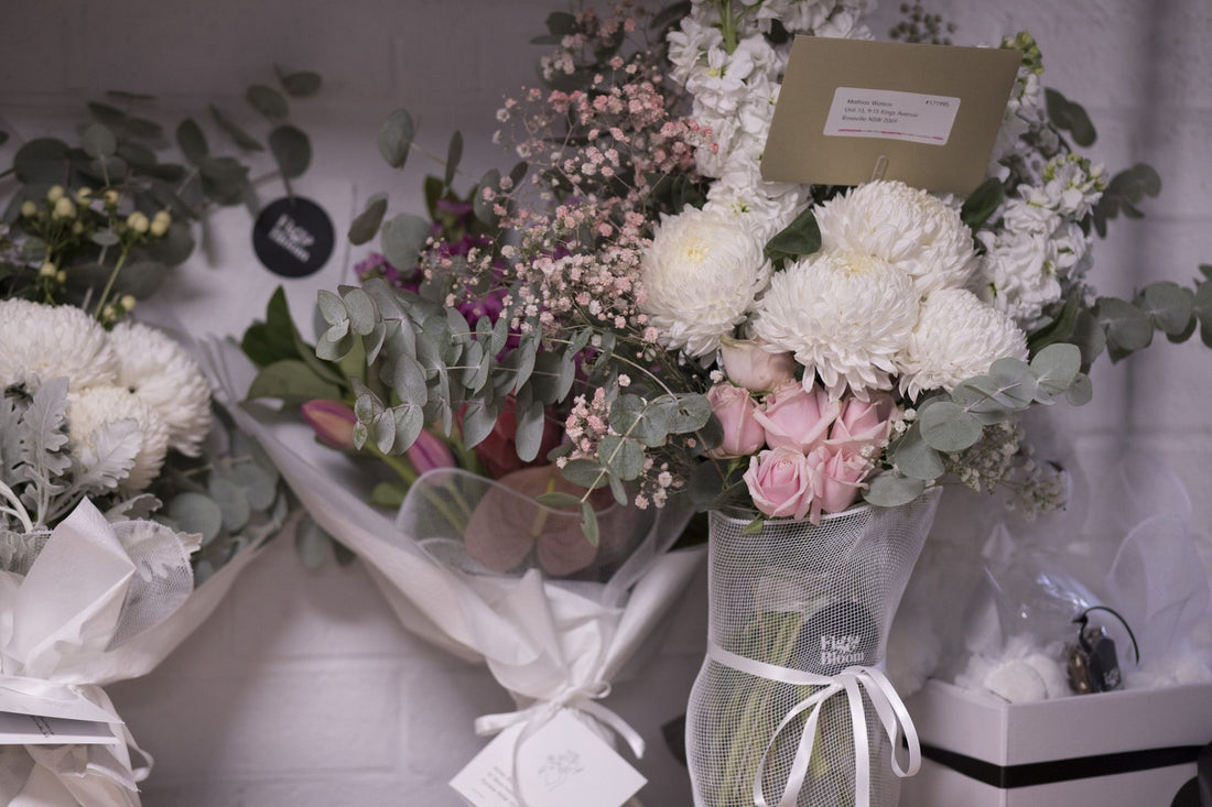 Finished bouquets prepared on a Sydney studio bench