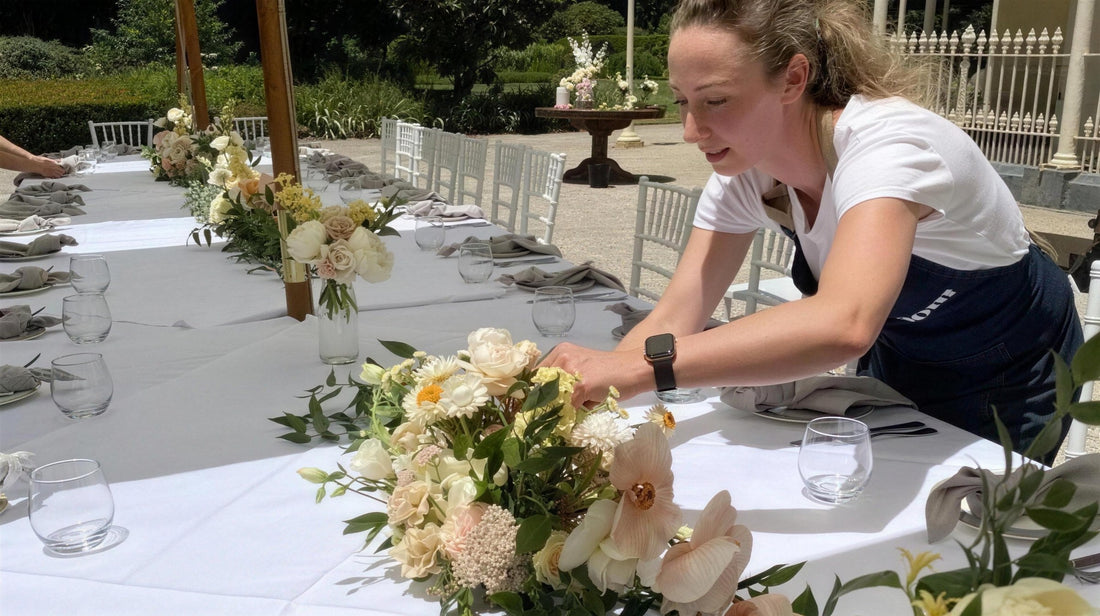 Kellie setting a long table with a low floral runner at an outdoor kitchen tea