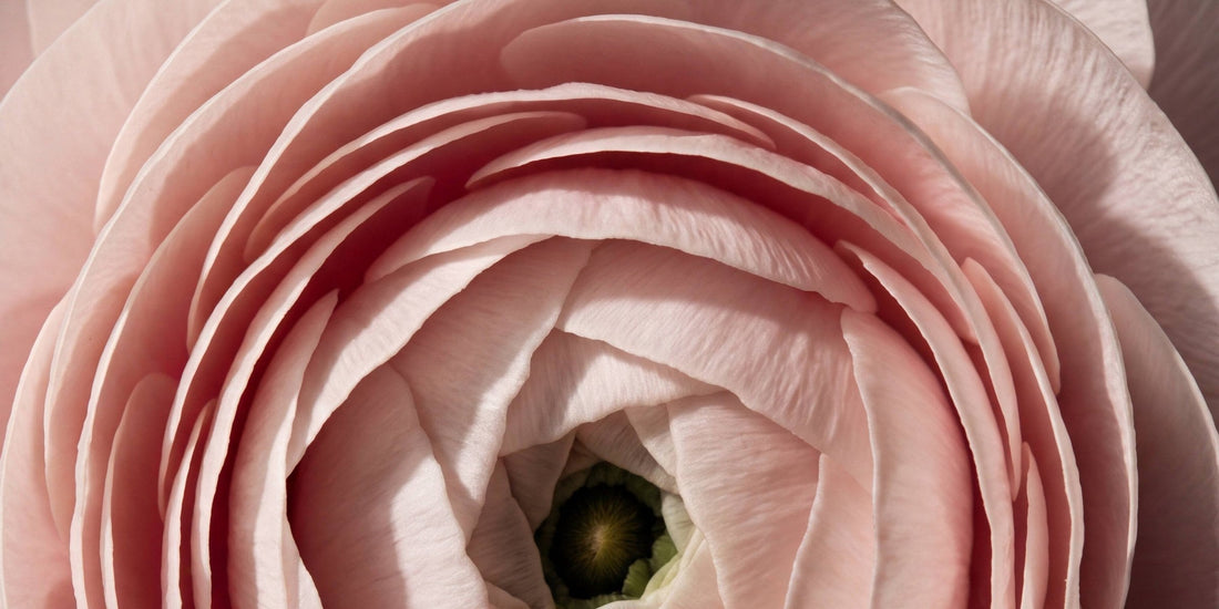 A pale pink ranunculus opened to show its layered paper-thin petals