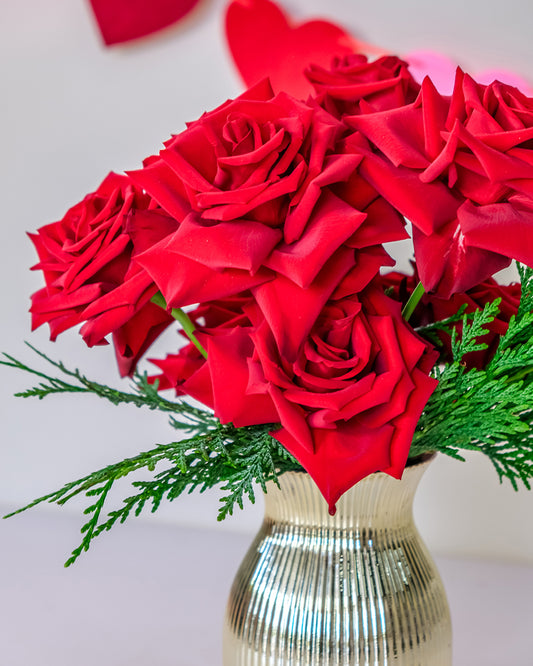 Red Roses in Gold Vase