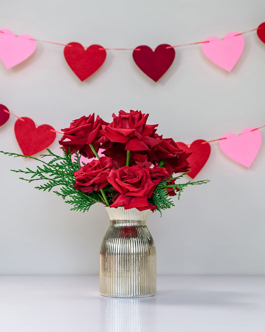 Red Roses in Gold Vase