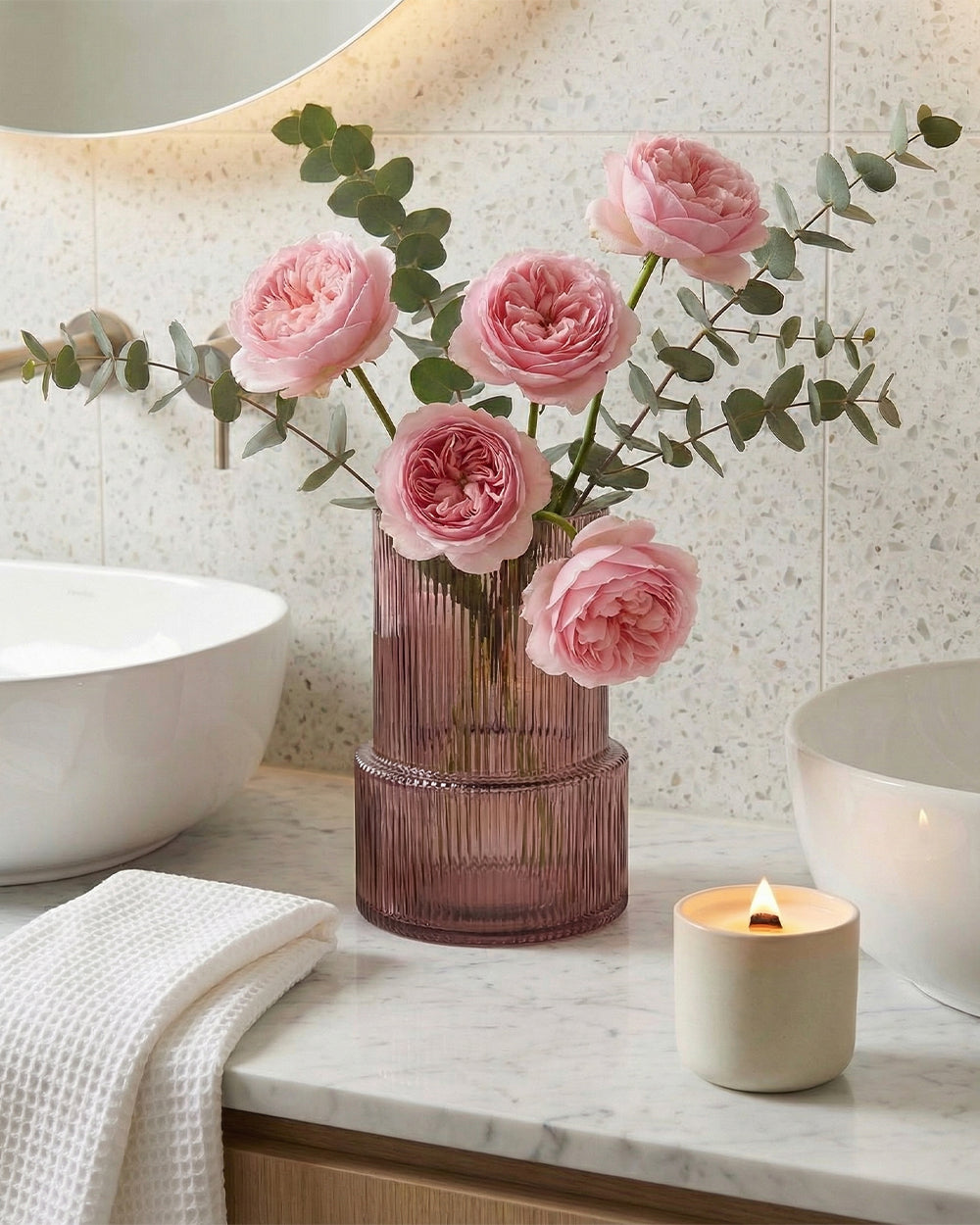 Glass Ribbed Vase Pink (20cm)