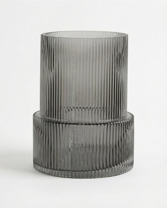 Glass Ribbed Vase Smoke (20cm)