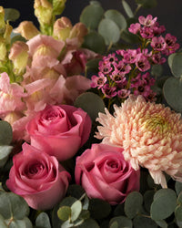 Positano Posy by Fig & Bloom, close-up of the roses, disbud and waxflower