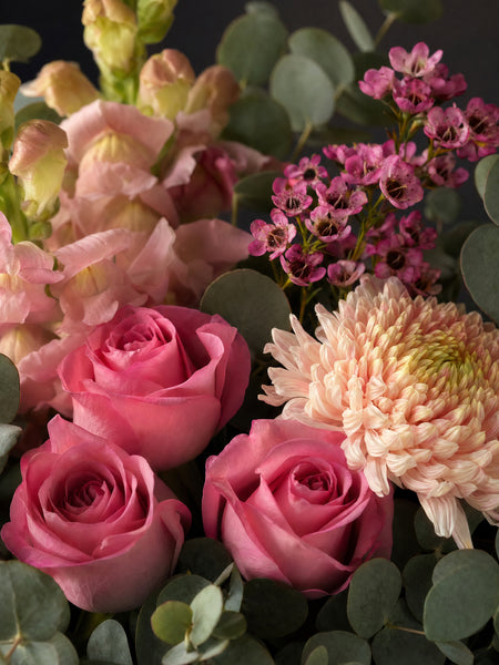Positano Posy by Fig & Bloom, close-up of the roses, disbud and waxflower
