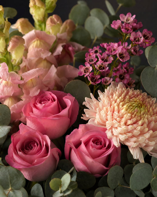 Positano Posy by Fig & Bloom, close-up of the roses, disbud and waxflower