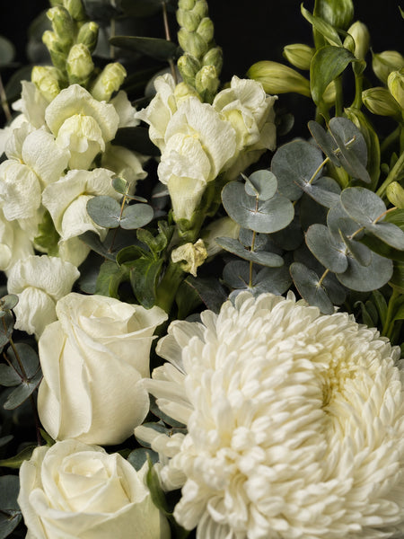 Ravello Posy by Fig & Bloom, close-up of the white roses and disbud