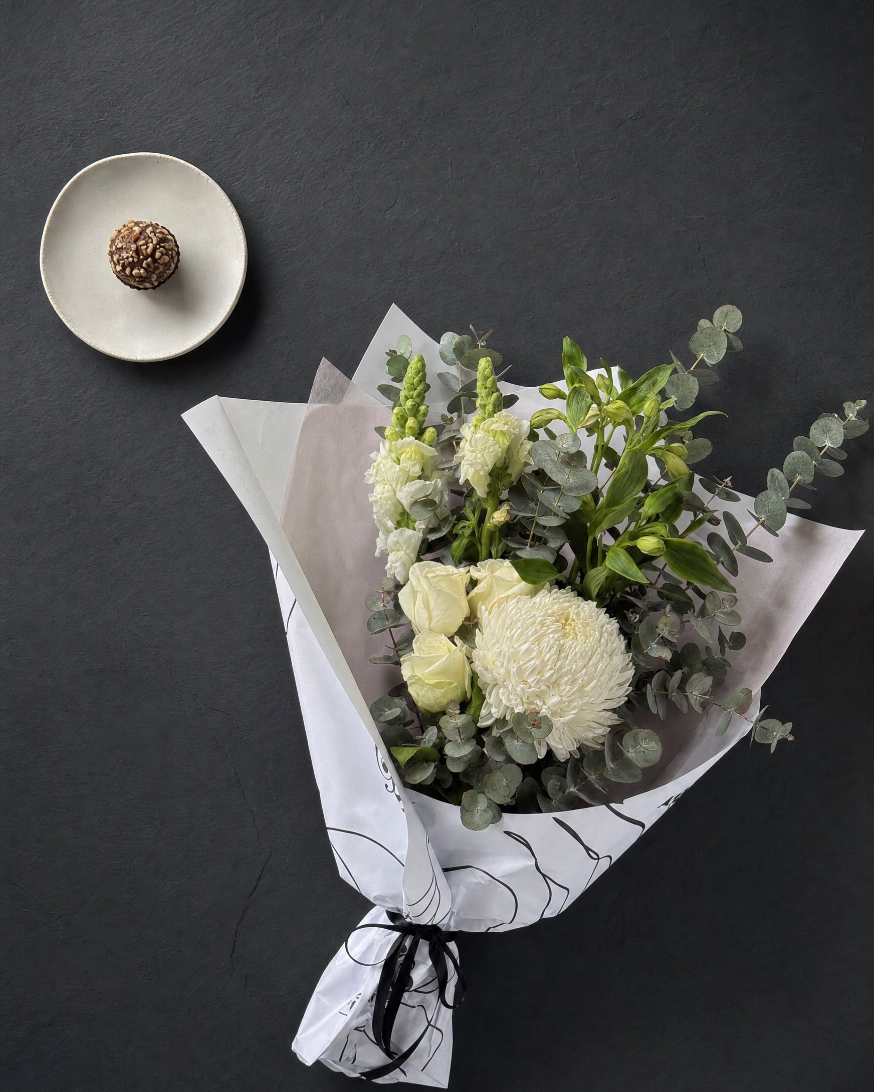 Ravello Posy by Fig & Bloom, flat lay on charcoal slate