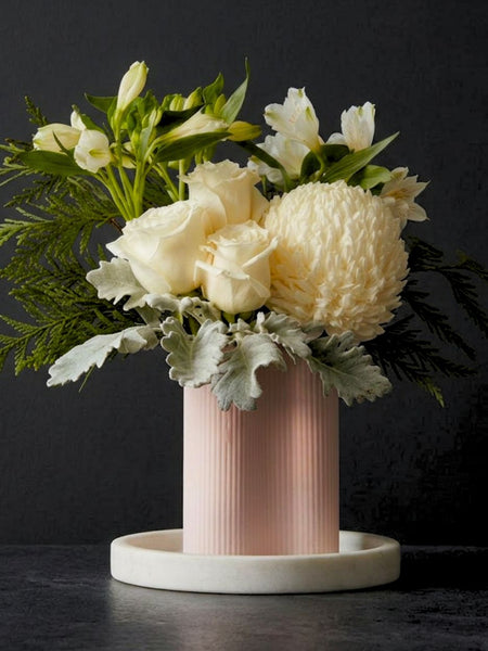 Monaco arrangement in white, vase arrangement by Fig & Bloom