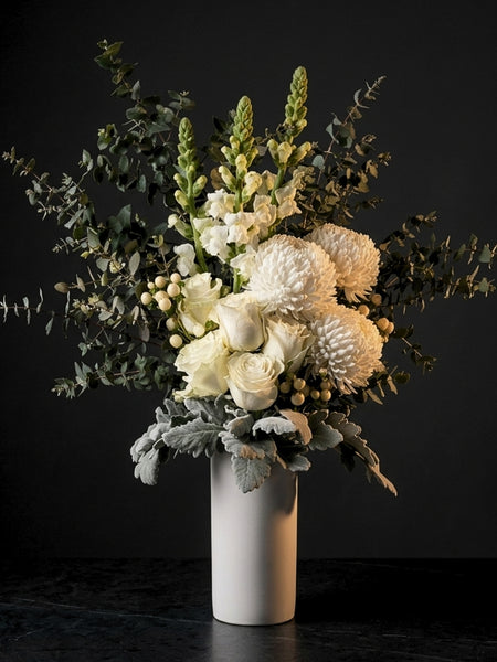 Lucerne bouquet in a vase: white and cream flowers by Fig & Bloom