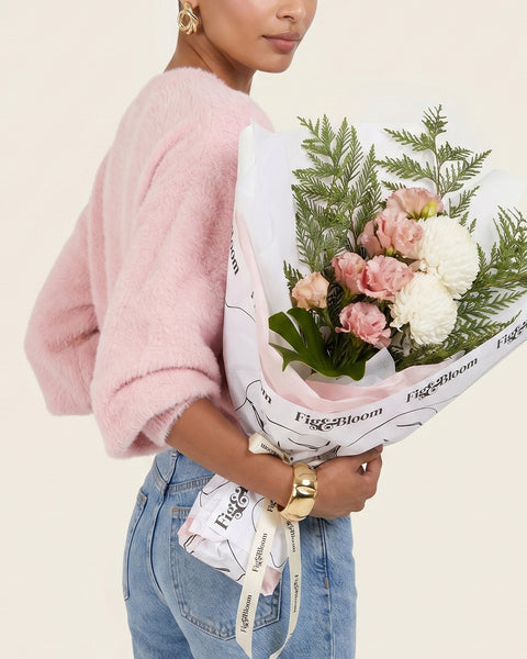 Monaco Bouquet in pink by Fig & Bloom, carried over the shoulder