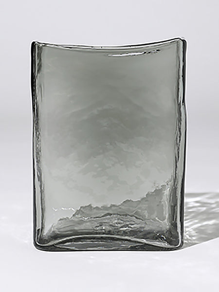 Smoke grey hand-cast glass Block Vase with a rippled flat profile, 22cm