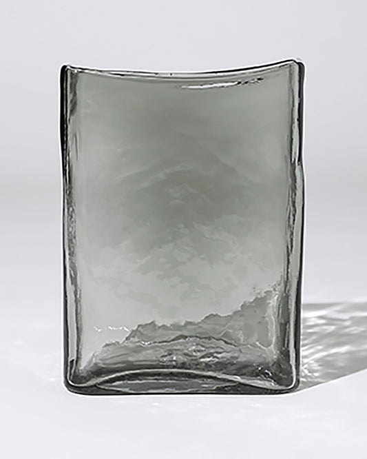 Smoke grey hand-cast glass Block Vase with a rippled flat profile, 22cm