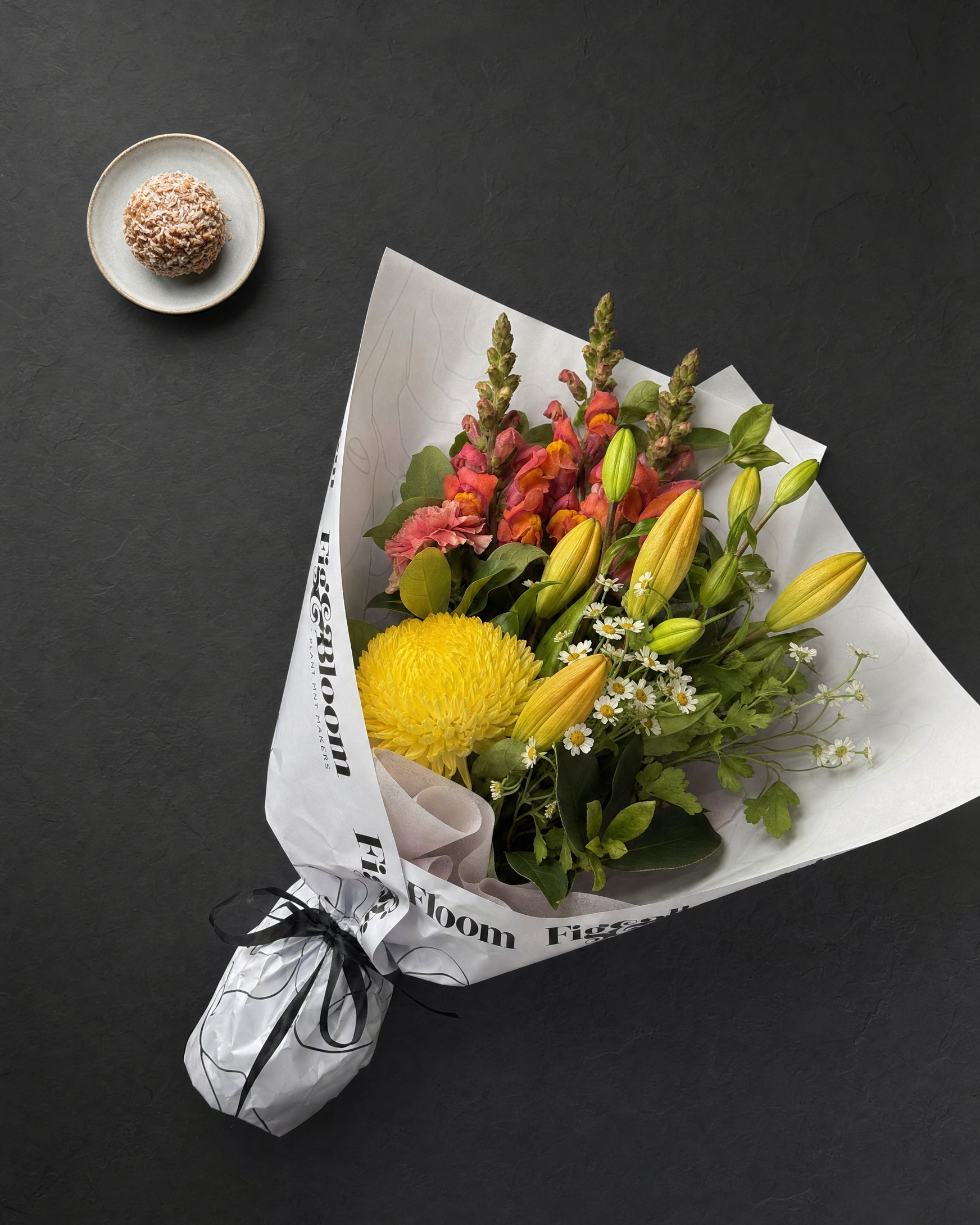 Amalfi Posy by Fig & Bloom, flat lay on charcoal slate