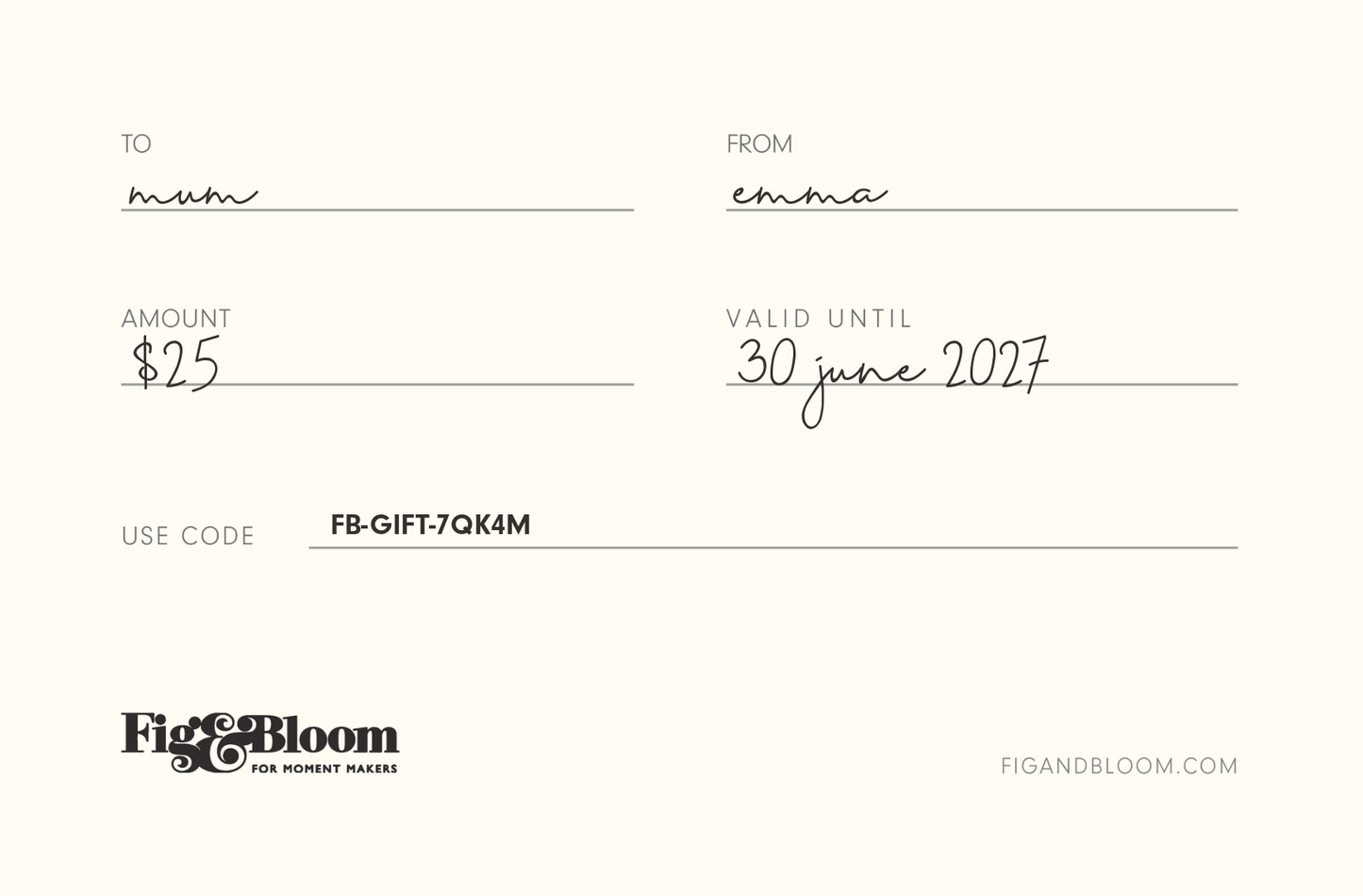 Fig & Bloom gift card back showing amount $25, valid until 30 june 2027