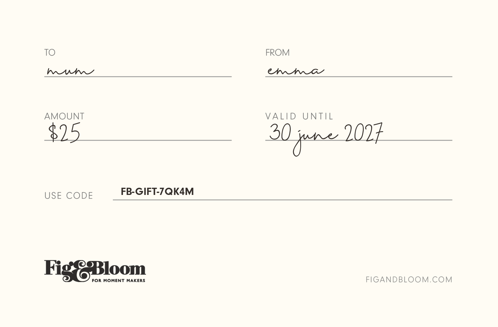 Fig & Bloom gift card back showing amount $25, valid until 30 june 2027
