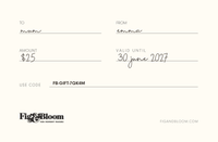 Fig & Bloom gift card back showing amount $25, valid until 30 june 2027