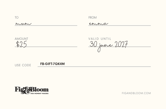 Fig & Bloom gift card back showing amount $25, valid until 30 june 2027