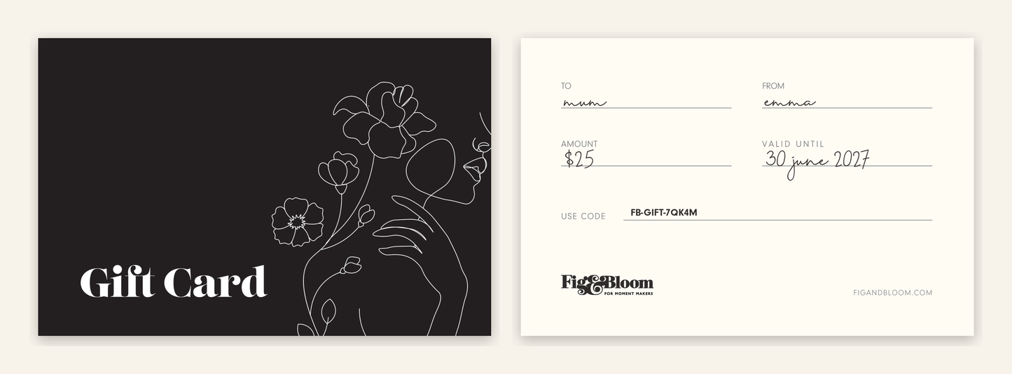 Fig & Bloom $25 gift card, front and back