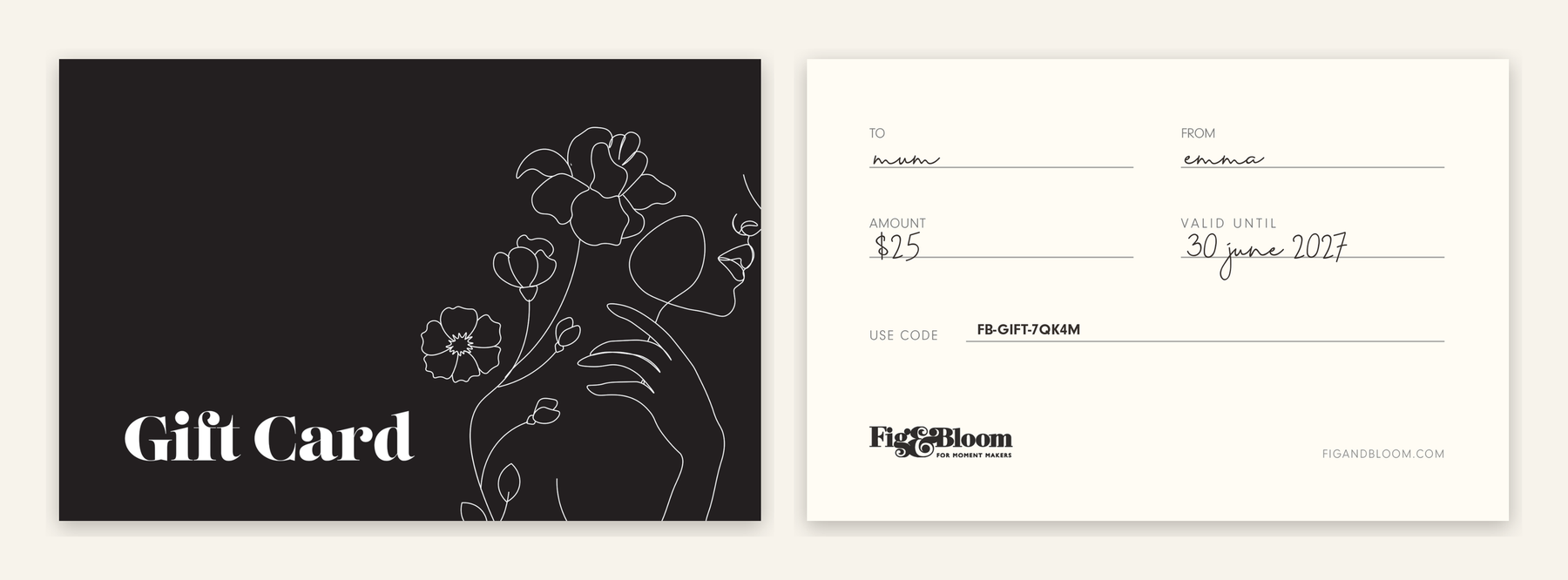 Fig & Bloom $25 gift card, front and back