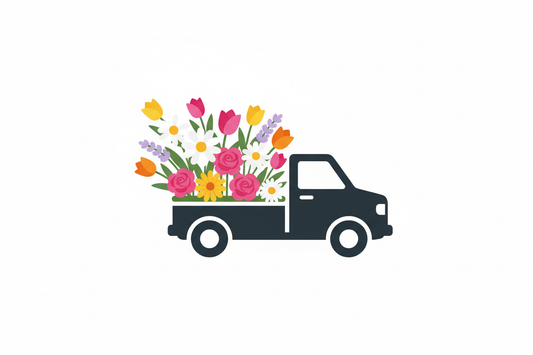 flowers delivery truck icon - no text - truck color- #121212 with white and color ful flowers 