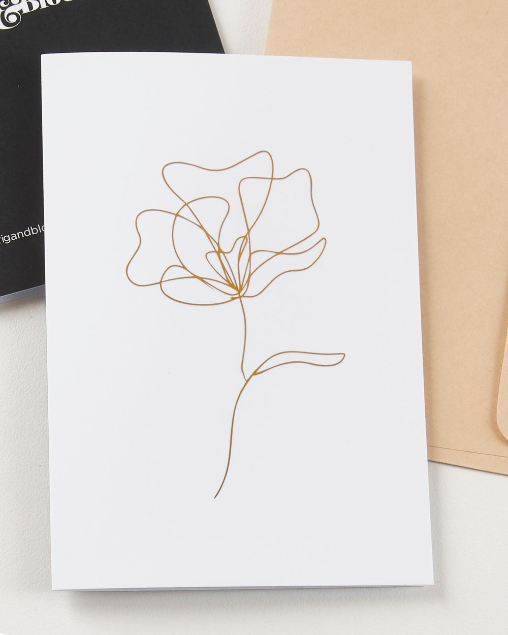 Single Stem greeting card by Fig & Bloom, gold foil single flower line illustration with envelope