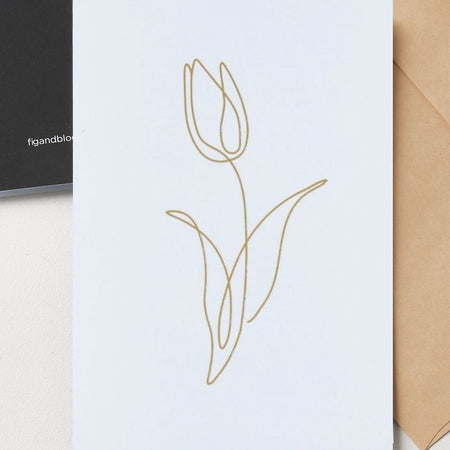 Tulip greeting card by Fig & Bloom, gold foil tulip line illustration with envelope