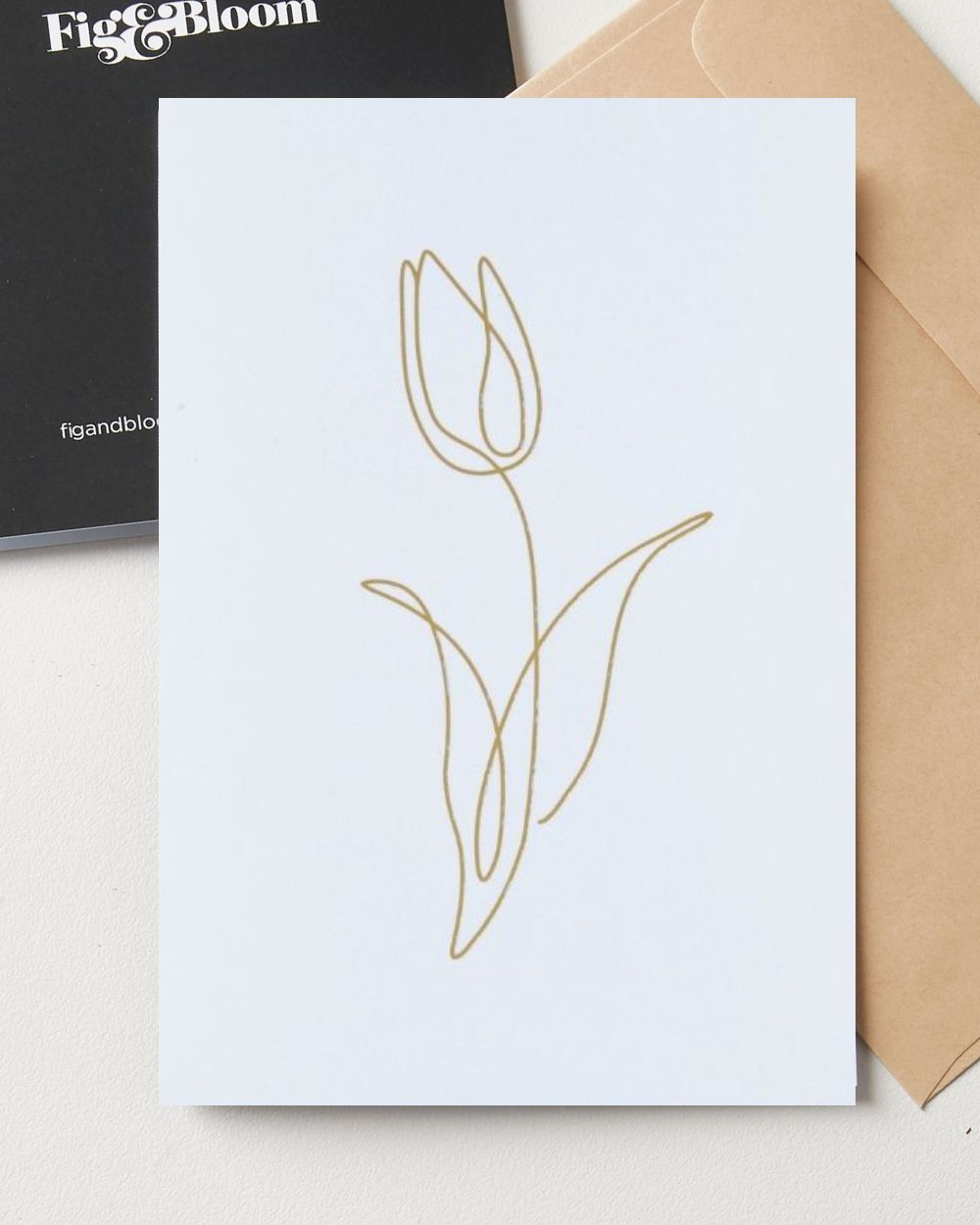 Tulip greeting card by Fig & Bloom, gold foil tulip line illustration with envelope