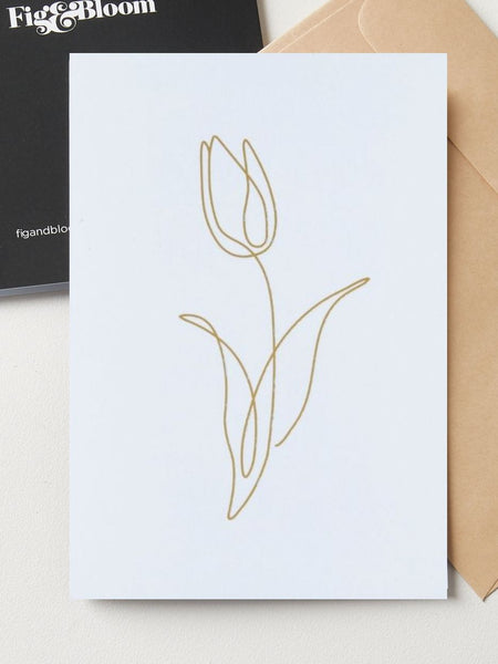 Tulip greeting card by Fig & Bloom, gold foil tulip line illustration with envelope