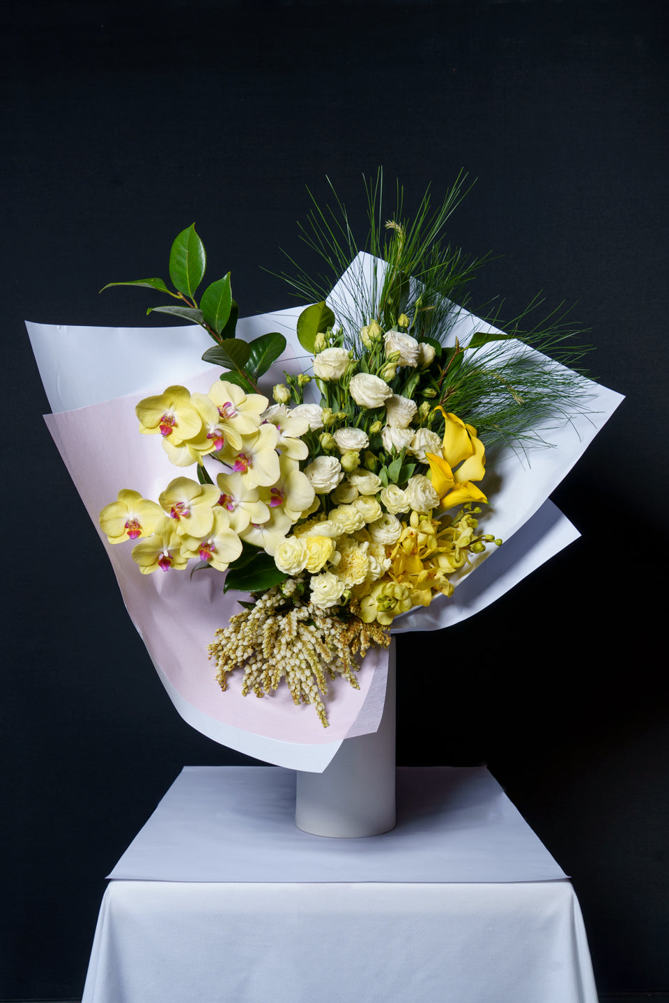 Soleil arrangement of pale yellow phalaenopsis, calla and cream carnation on a white plinth against black
