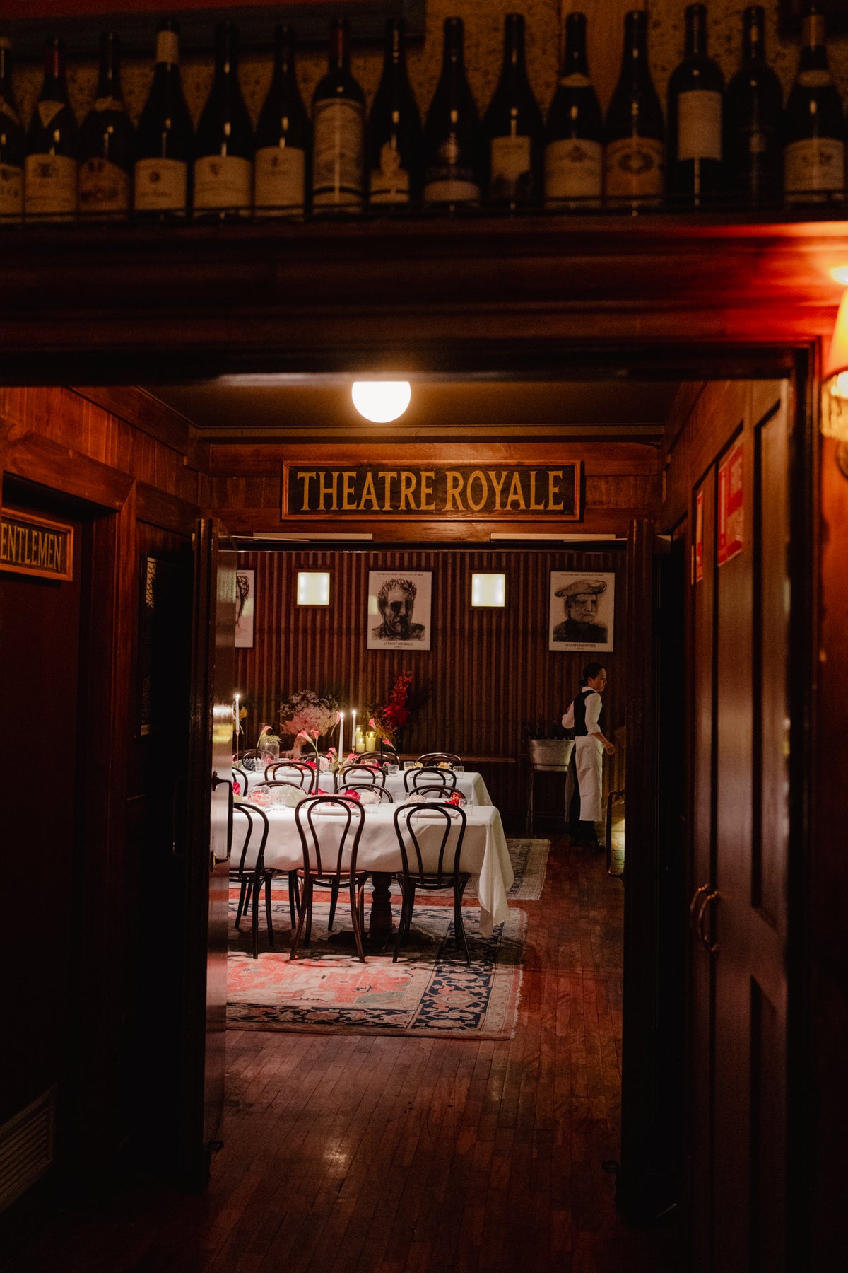 Doorway into the Theatre Royale at Restaurant Hubert, with the lunch table set beyond