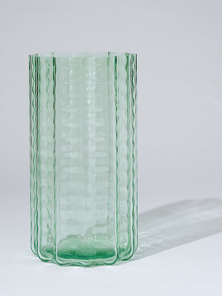Green mouth-blown Jelly Glass Vase with a scalloped rippled profile, 28cm