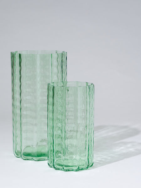 Green Jelly Glass Vases in large and squat sizes shown together