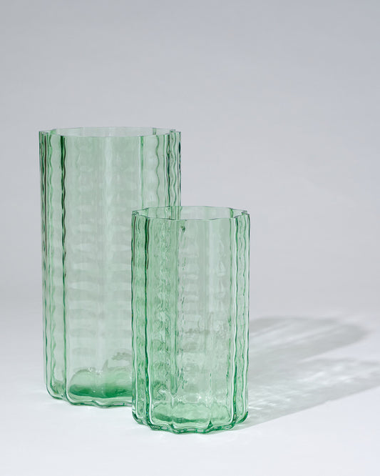 Green Jelly Glass Vases in large and squat sizes shown together