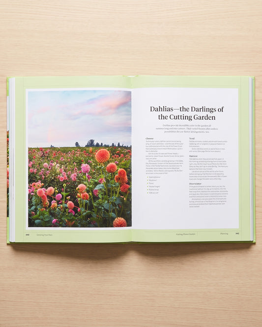 Martha Stewart's Gardening Handbook open at the cutting garden chapter on dahlias