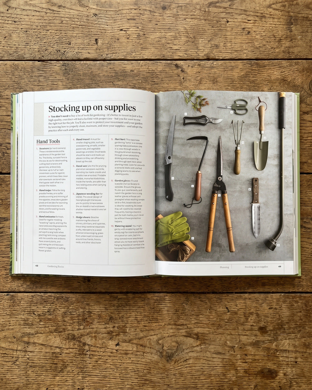 Martha Stewart's Gardening Handbook open at the hand tools pages
